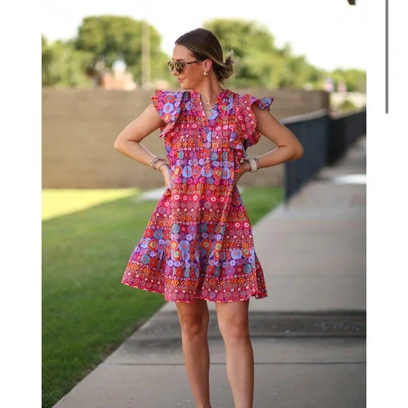 Pinch Canyon Trail Dress Floral Print Ruffle Sleeve Mini Colorful Size Large - Picture 2 of 9